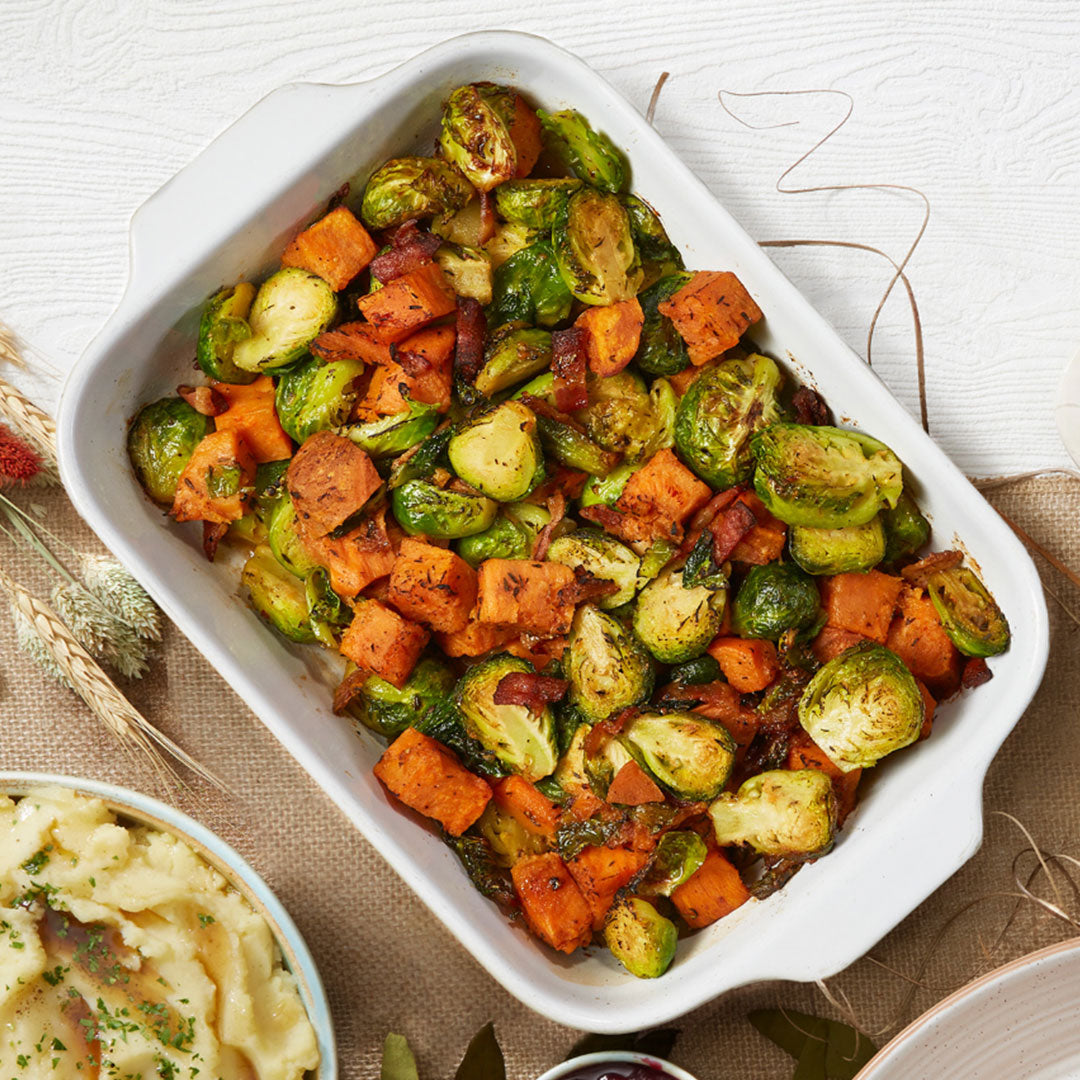 Brown Sugar Glazed Sweet Potato & Brussels Sprouts with Bacon